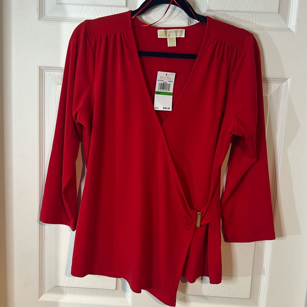 NWT Michael Kors Red 3/4 sleeve asymmetrical size Large Top